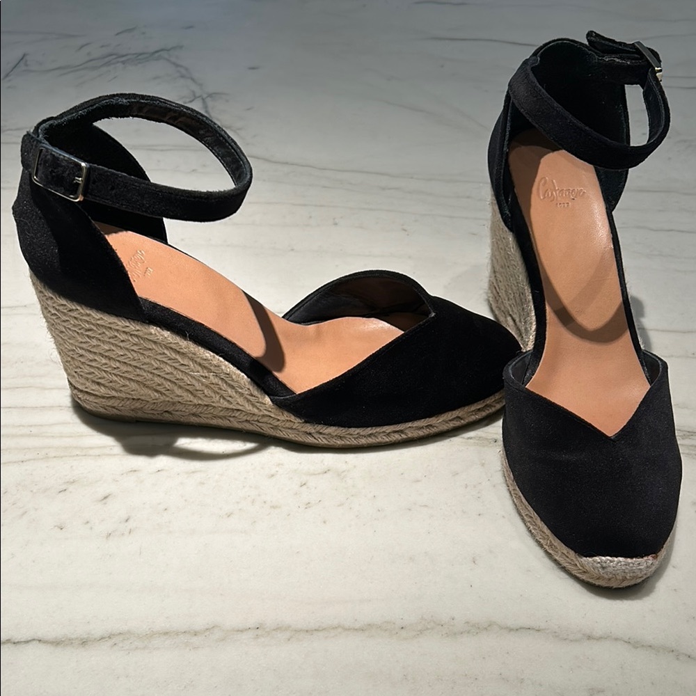 Castaner Black Velvet Wedge Espadrilles with Ankle Strap